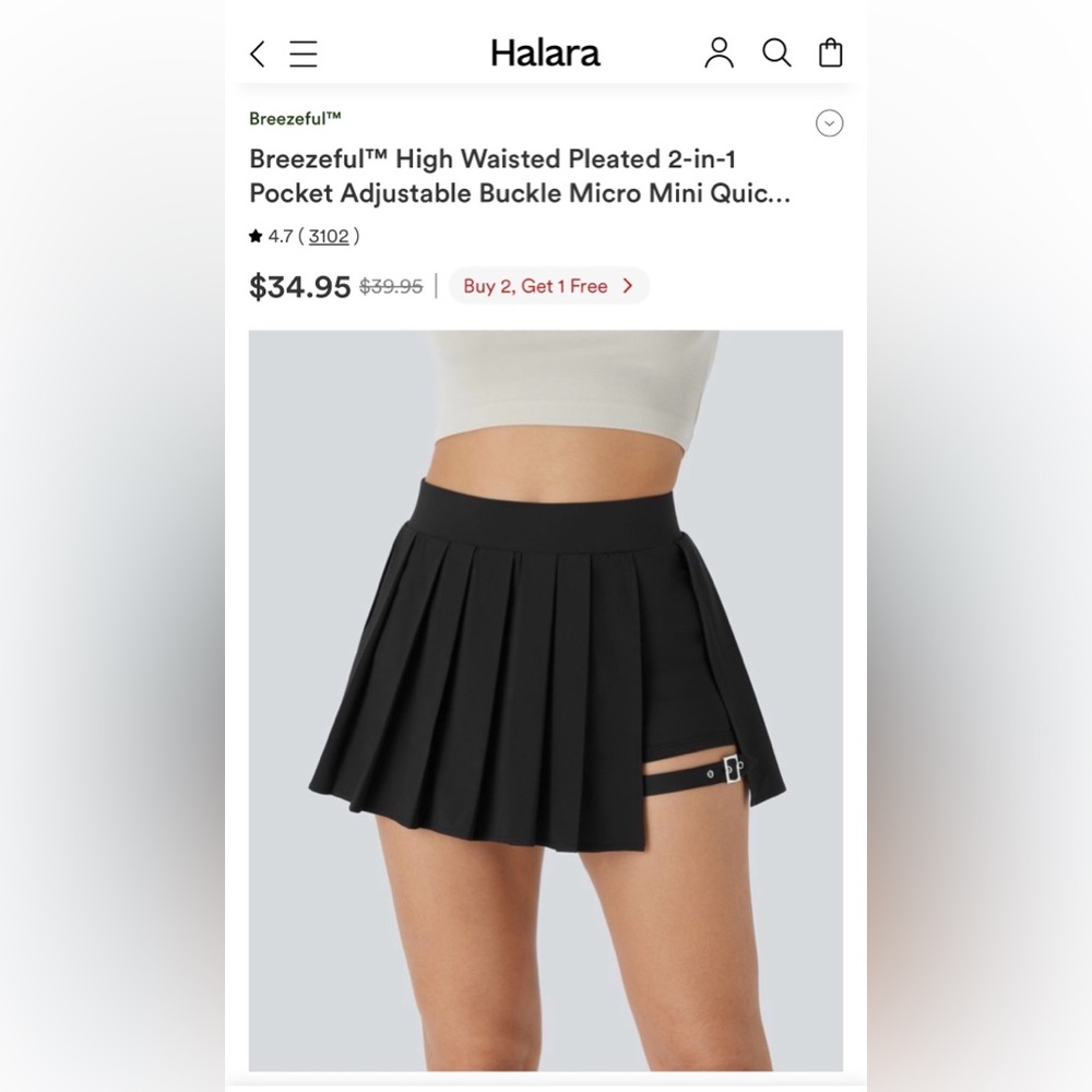 HALARA Black High-Waisted Pleated Micro Mini Skort with Side Buckle Strap
